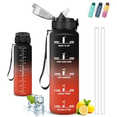 Imagen de Botella Agua 1 litro Gimnasio, A Prueba de Fugas, Cantimplora con Pajita, Water Bottle Eslogan Motivador, Reutilizable, para la Fitness, Oficina, Acampada, Deportes