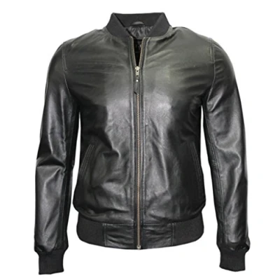 Imagen de Infinity Negro Retro de los Hombres Cuero Nappa Bombardero Chaqueta Delgada del Ajuste Equipo Universitario Ocasional XS