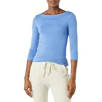 Imagen de Amazon Essentials Camiseta de Manga 3/4 y Escote Barco Corte Estrecho Mujer, Azul, XS