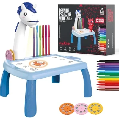 Imagen de maxlife Proyector infantil con mesa de dibujo azul para niños Juguete creativo 24 diapositivas kit pintura Fomenta la imaginación y las