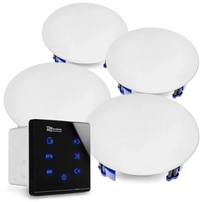 Imagen de Power Dynamics Powerline A100BSET Kit Amplificador 4 x 20 W con Altavoces de Techo, Receptor inalámbrico Bluetooth, USB y Micro SD, Pantalla táctil, Incluye Mando a Distancia
