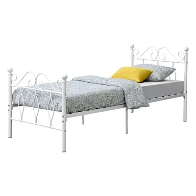 Imagen de [en.casa] Cama de Metal Estable Apolda 90 x 200 cm Simple Individual Somier Reposacabezas y Reposapiés Decorativos Blanco Mate