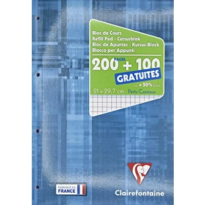 Imagen de Clairefontaine 65816C Un bloc de cours encollé grand côté 300 pages (200 + 100 gratuites) 90g, perforé 4 trous et petits carreaux, couverture carte pelliculée, Bleu électrique