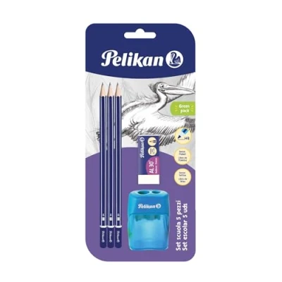 Imagen de Pelikan Set Escolar, 3 Lápices Grafito 2B, Sacapuntas Doble, Goma AS30, Madera, Forma Triangular Ergonómica, Material Oficina, Papelería