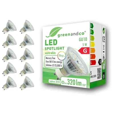 Imagen de greenandco 10x Spot LED IRC97+ 2700K 110 GU10 5W (corresponde a 38W) 320lm SMD 230V AC, sin parpadeo, no regulable