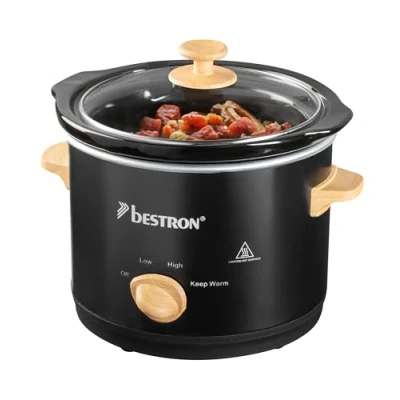 Imagen de Bestron Slowcooker para 2 personas, Olla de Cocción Lenta con cacerola cerámica y tapa vidrio, termostato 3 niveles, ideal muchos platos como carne sopas, 1.5 litros, Negro/Madera