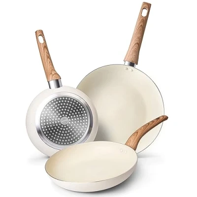 Imagen de nuovva Juego de sartenes inducción 3 antiadherentes para chefs cocina granito crema Utensilios 20 cm, 24 cm y 28