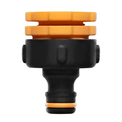 Imagen de Fiskars Conector Para grifos Multi, rosca interior varios tamaños de grifo, tres Ø 21 mm (1/2&quot;), 26,5 (3/4&quot;) y 33,3 (1&quot;), 17 g, Negro/Naranja, 1027051