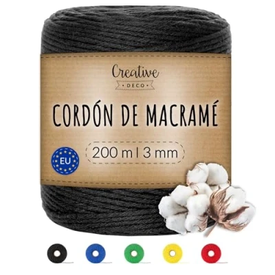 Imagen de Creative DECO 3mm x 200m Cuerda Macramé Hilo Algodón Negra Espesor + 0.5 mm Cordón Rollo Grande Natural Grueso Fuerte Decoración Manualidades Artesanía Bricolaje y Embalaje
