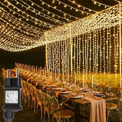 Imagen de yowin Cortina de Luces 600 LED 6mx3m Navidad con Enchufe, Temporizador, 8 Modos Impermeable Cascada para Exterior Balcon Jardín Terraza Escaparates Interior Decoración Blanco Cálido