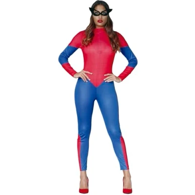 Imagen de FIESTAS GUIRCA Disfraz Mujer Araña Mono y Máscara Superhéroe Rojo Azul para Talla S 36 38