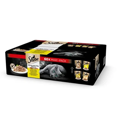 Imagen de Sheba Selección en Salsa, Pollo, Pavo, Pato y Aves, alimento húmedo Completo para Gatos Adultos, 60 bolsitas de 85 g