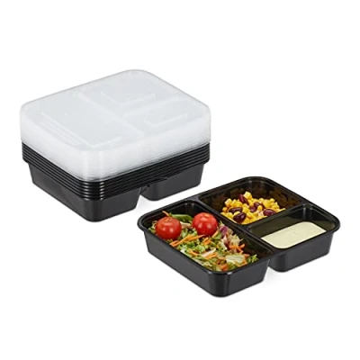 Imagen de Relaxdays Set 10 Fiambreras Plástico, Recipientes con Tapa, 3 Compartimentos, 1000ml, para Microondas, Negro