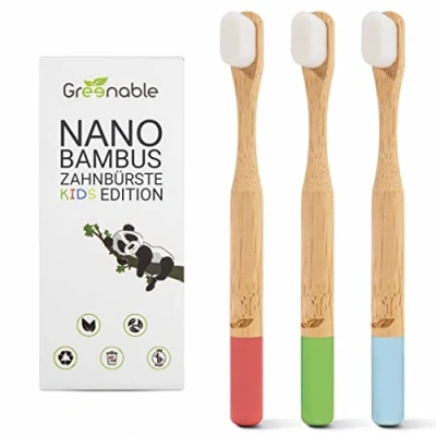 Imagen de Greenable ® cepillo de dientes bambú para niños, juego 3 unidades, 10.000 cerdas extrasuaves, suave las encías, 100% libre BPA, vegano y respetuoso con el