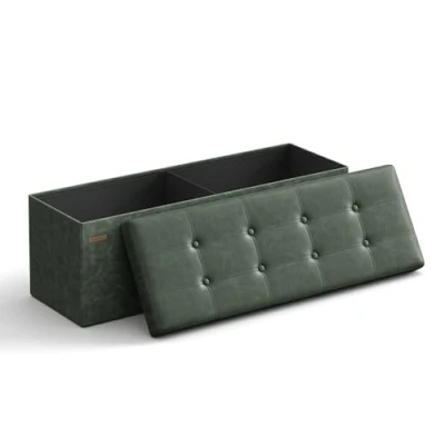 Imagen de SONGMICS Puff Almacenaje, Baúl de Almacenaje Plegable, 38 x 110 cm, Taburete Reposapiés, Banco Cubo, Soporta hasta 300 kg, para Sala Estar, Dormitorio, Entrada, Verde Bosque LSF070C01