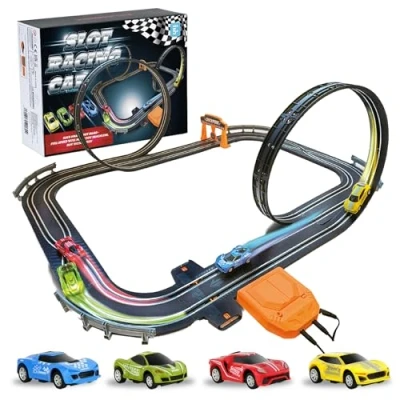 Imagen de Juego de pistas carreras coches tragamonedas, pista autos eléctrica con ranura y accesorios, doble carril para niños niñas 5 años