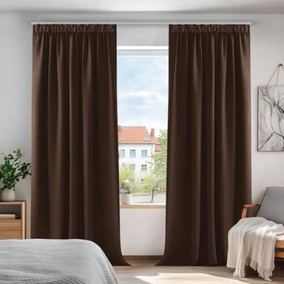 Imagen de Deconovo Juego de 2 Cortinas Opacas, Sala Estar con Cinta Fruncida, Cortina Gran Ancho Aislante térmico (140 x 175 cm), Color marrón