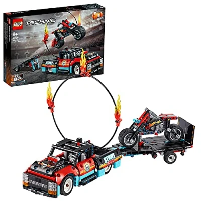 Imagen de LEGO 42106 Technic Espectáculo Acrobático: Camión y Moto, Juguete de Construcción con Aro Fuego para Acrobacias