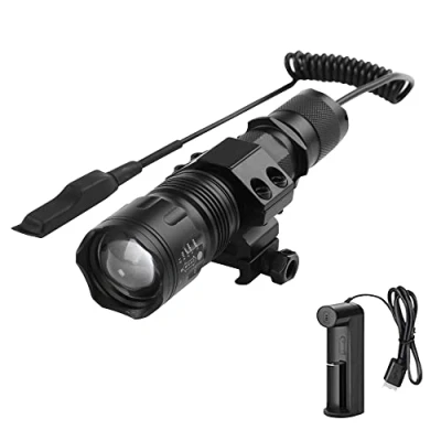 Imagen de WESLITE Linterna Táctica LED Recargable, 1200 Lúmenes Linternas de Alta Potencia para Caza Zoom capaz &amp; Impermeable 5 Modos con Interruptor Presión Batería y Cargador