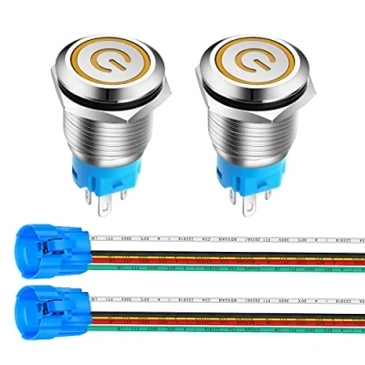 Imagen de Gebildet 16mm Enclavamiento Pulsador de Botón Metálico Interruptores Acero Inoxidable Impermeable Plana Top ON/Off 12V 24V 5A con Enchufe Cable(LED Amarillo)