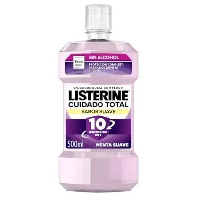Imagen de Listerine Cuidado Total Sabor Suave (1 x 500 ml), enjuague bucal sin alcohol formato ahorro, colutorio con 6 beneficios en 1, elixir para una limpieza completa