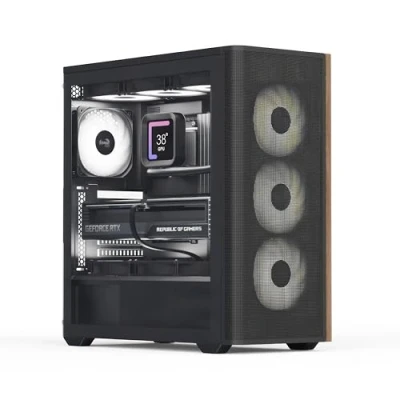 Imagen de AeroCool D501A Funda de torre media, malla frontal acentuada en madera, soporte radiador 360 mm, 11 ranuras para ventilador, GPU 400 ATX/m ATX/Mini ITX, filtros magnéticos el