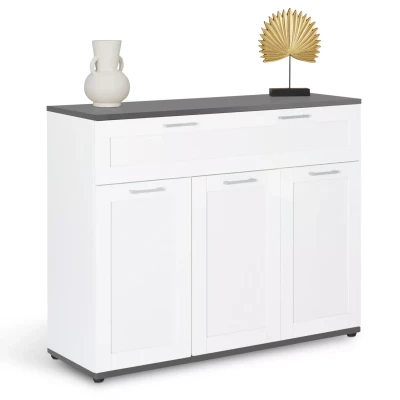 Imagen de IDMarket VITO Aparador de 100 cm, 3 puertas y 1 cajón, color blanco bandeja gris
