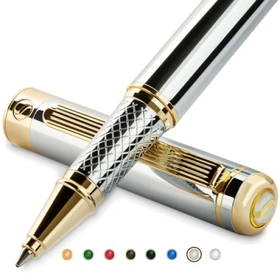 Imagen de Scriveiner Rollerball Pen Bolígrafo Roller de Gama Alta con Acabado en Oro 24 Quilates, Recambio Schmidt, Regalo Hombres y Mujeres, Bolígrafos Profesionales Diseño (Cromado Plata)