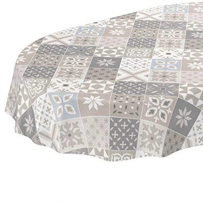 Imagen de ANRO Mantel de hule lavable con aspecto azulejos, color beige, gris, azul, ovalado, 240 x 140 cm