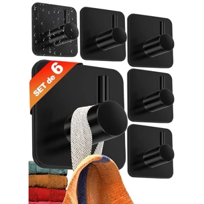 Imagen de 4smile ganchos adhesivos para pared 6 piezas, inox toalleros de baño autoadhesivos, toallero sin taladrar, pared, Negro