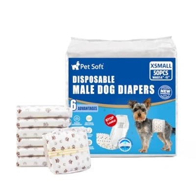Imagen de Pet Soft pañales desechables para perros machos y machos, súper absorbentes, cachorros, incontinencia con indicador de humedad (XS, 50)