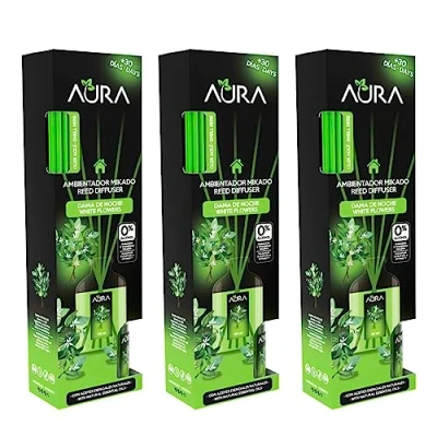 Imagen de AURA Pack 3 Ambientador Mikado con Varillas Aroma Dama de Noche Larga Duración 4 Semanas 0% Alcohol 3x30ml