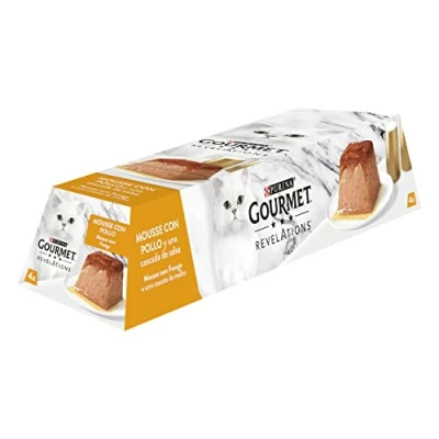Imagen de Gourmet Purina Revelations Mousse con Salsa, Comida Húmeda para Gato Pollo, 6 packs de 4 pirámides 57g 24