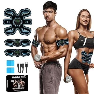 Imagen de SEVEKO Electroestimulador Muscular Abdominales, EMS Estimulador Abdominal, Abdominales en Casa, Cinturon 8 Modos y 15 Intensidades, 10 Hidrogeles de Repuesto （Azul）