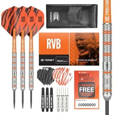 Imagen de Target Darts Raymond Van Barneveld RVB 22G Juego de Dardos con Punta Acero tungsteno 9 Cañas Pro Grip Vuelos Ultra Cartera Dart Counter App Coupon Bundle
