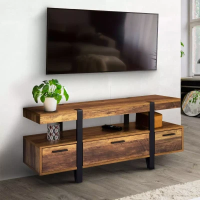 Imagen de Soporte de TV con patas madera oscura y cajones