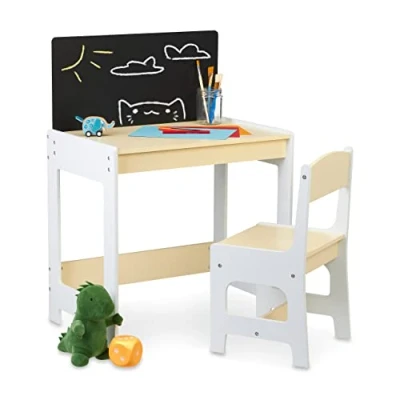 Imagen de Relaxdays Mesa y Silla Infantil con Pizarra, Muebles para Niños, Unisex, Pintar Hacer Manualidades, Blanco/Beige, Tablero de Fibras, 88 x 62 42 cm