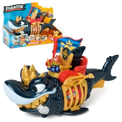 Imagen de Piratix King Shark Golden Teeth Tiburón articulado, con una jaula para capturar a los rivales. Contiene 1 tiburón, Tesoro Exclusivo, Exclusivo y Accesorio. en Amazon