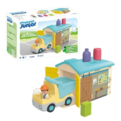 Imagen de PLAYMOBIL Junior 71686 Camión de Obras con Garaje, Incluye Caja basculante móvil y Juguete sostenible Hecho plásticos a Base Plantas, Juguetes para niños niñas Partir 1 año