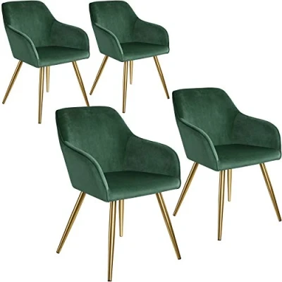 Imagen de tectake® Juego de Sillas Tapizadas en Terciopelo, Comedor Ergonómicas y Versátiles, Gran Estabilidad Capacidad Carga, Cocina Elegantes 4 Verde Oscuro/Dorado