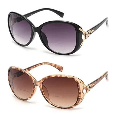 Imagen de JM Gafas de Sol Lectura Bifocales Redondas Clásicas para Mujer Lente Degradada UV400 Negro+Tortuga +2.0
