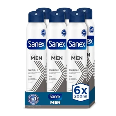 Imagen de Sanex Men Dermo Invisible Desodorante Spray para Hombre, Pack 6 uds x 200ml, Protección 24H, Antitranspirante, Anti Irritación, 0% Alcohol, Manchas Blancas, Combate el Mal Olor
