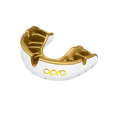 Imagen de protector bucal OPRO Gold Level, deportivo para niños, con tecnología de ajuste revolucionaria boxeo, lacrosse, MMA, artes marciales, hockey, BJJ (Blanco, Joven)