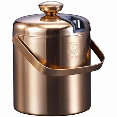 Imagen de VINN DUNN Cubo de hielo con tapa acero inoxidable 1,2 litros doble pared aislado pinza oculta y asa transporte (oro cálido)