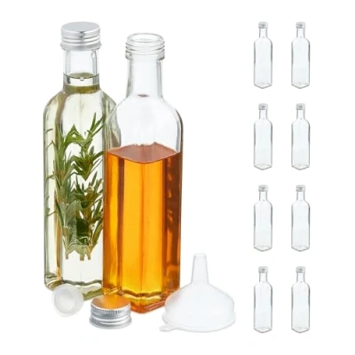 Imagen de Relaxdays Botellas Vidrio para Rellenar, Botellitas Vacías Licor, Aceite o Zumo, Cuadradas, 250 ml, Transparente, Pack de 10