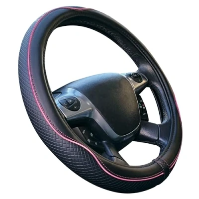 Imagen de Funda Volante Coche Universal Modelo Centauro Negro Rosa Poli Piel 37 39 cm Antideslizante Transpirable Efecto Carbono
