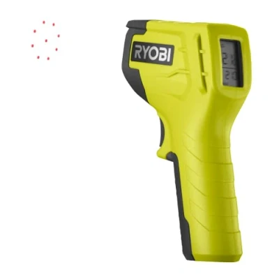 Imagen de RYOBI Termómetro de Infrarrojos 8 Puntos Láser Rango Medición 50C a 550C Relación Distancia 8:1 Apagado Automático Pantalla LCD y Alarma Sonora Pila 9V Incluida RBIRT08