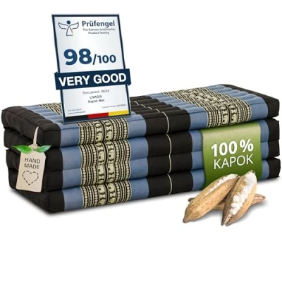 Imagen de livasia colchón Plegable sostenible de kapok, Amplio Invitados, Cama Plegable, Esterilla ecológica Yoga, Invitados Jardín y balcón 200x110x8cm (Azul/Elefantes)