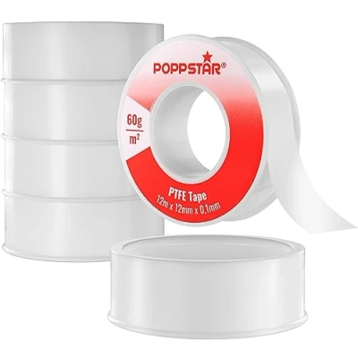 Imagen de POPPSTAR cinta de teflon 60g/m² fontanero PTFE para rosca fina FRp (cinta selladora agua y gas) 12m x 12mm 0,1mm, 5 rollos