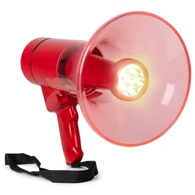 Imagen de Vonyx MEG050 Megáfono de 50 vatios y hasta 1000 Metros Alcance, batería Recargable con Sirena micrófono, Linterna LED, Bluetooth, función grabación, MP3, USB, SD, AUX, Correa, Color Rojo